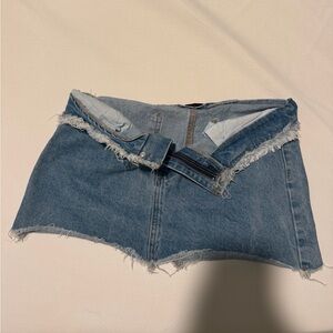 Edikted Light Blue Denim Mini Skirt with Frayed Hem